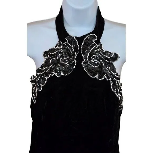 Vintage Black Velvet Halter Dress W/ Bead Sequin Detail whimsygoth elegant glam - Picture 3 of 14